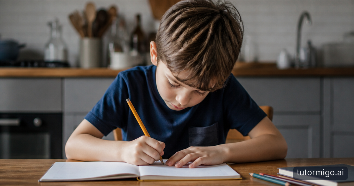 A parent listens calmly as a child points to a confusing homework step at a kitchen table.