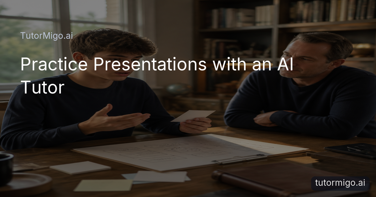 A student rehearses a class presentation at a desk while a parent offers quiet encouragement.