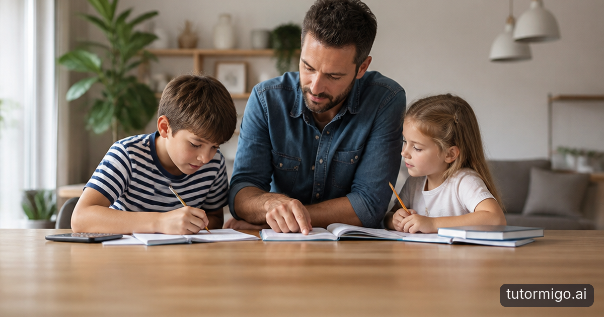 A parent supports two children studying with practice problems and review cards at a kitchen table.
