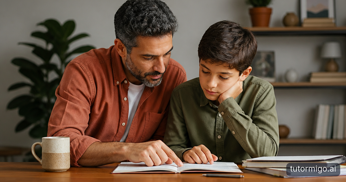 A parent and child plan a balanced weekly study schedule together at a kitchen table surrounded by signs of homework and extracurricular activities.