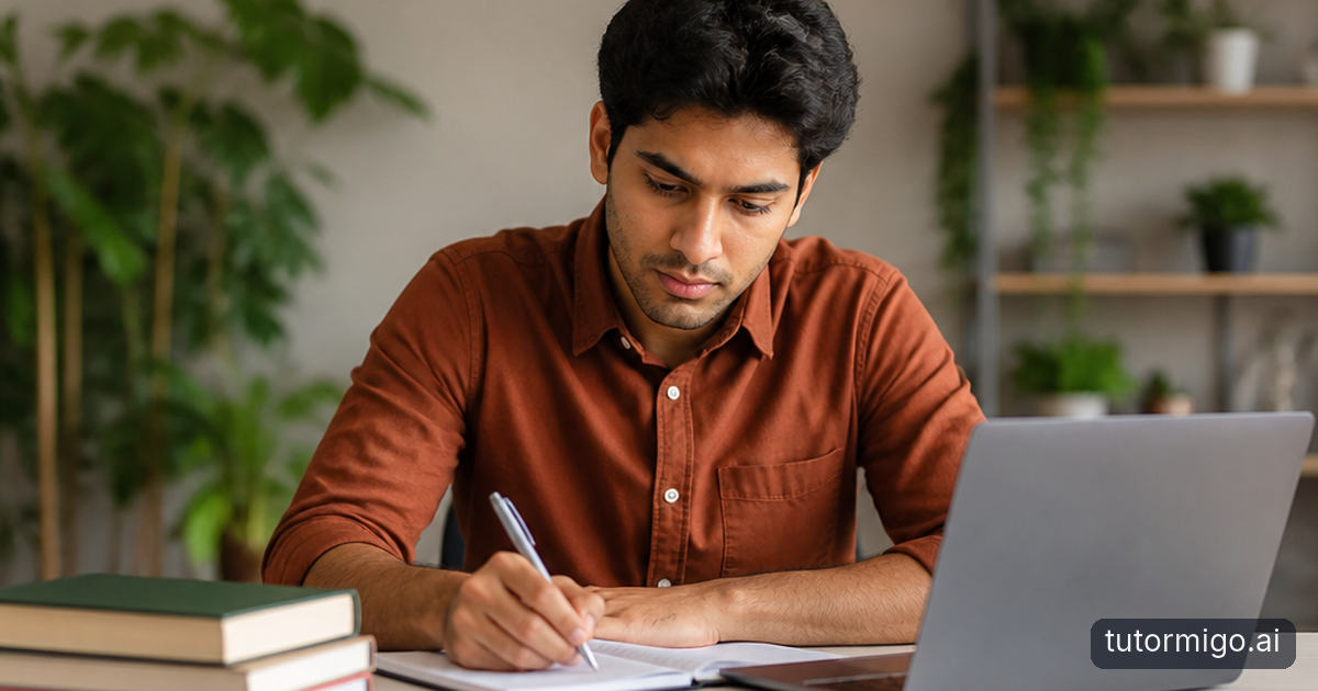 An adult IELTS candidate organizes vocabulary cards and whiteboard drawings with a teacher in a sunlit study room.