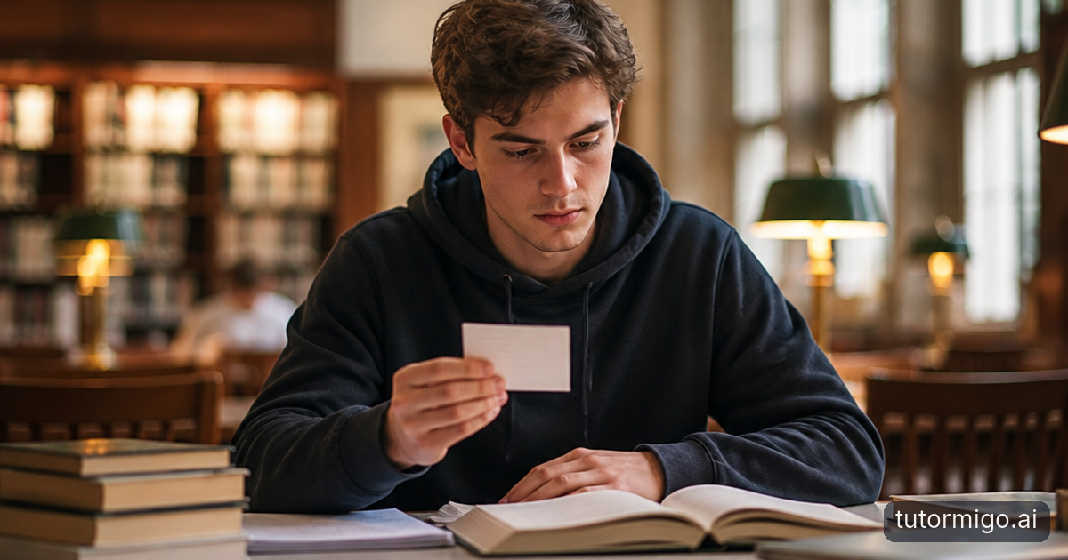 A student practices recalling a biology concept from a flashcard while a parent listens at a sunlit kitchen table.