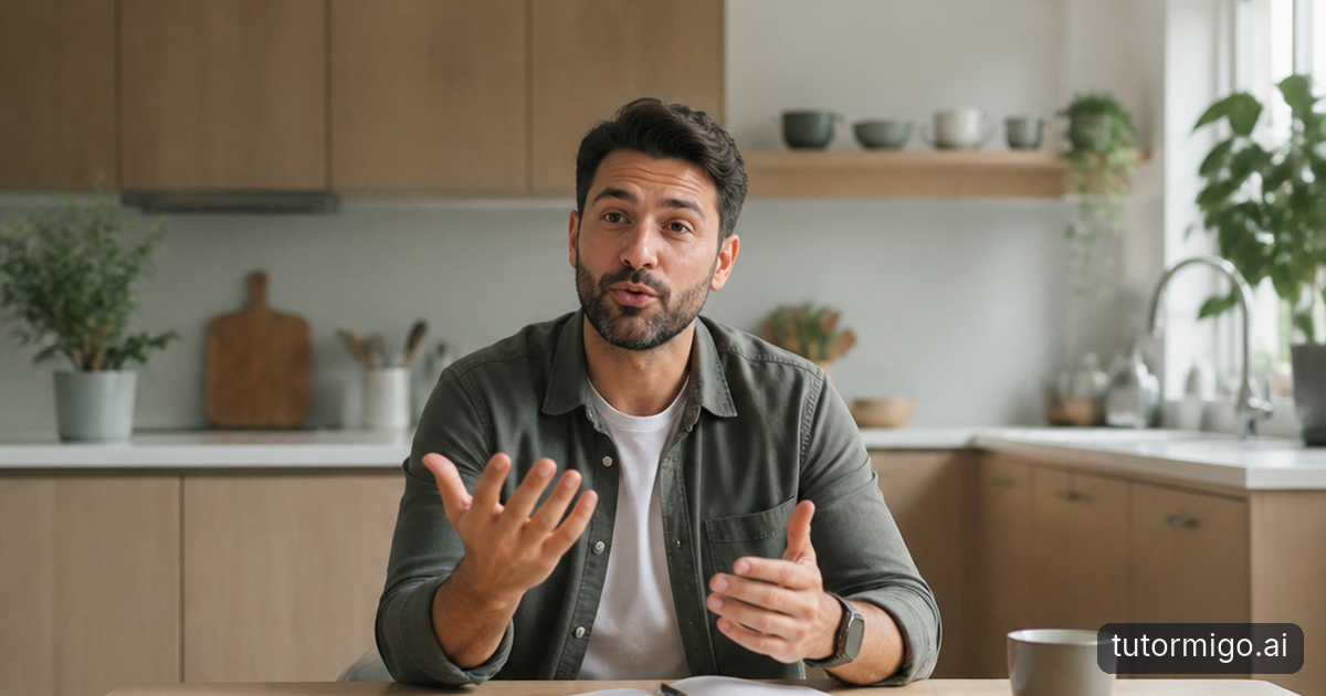 A language learner practices speaking aloud at a kitchen table with illustrated flashcards and everyday objects.