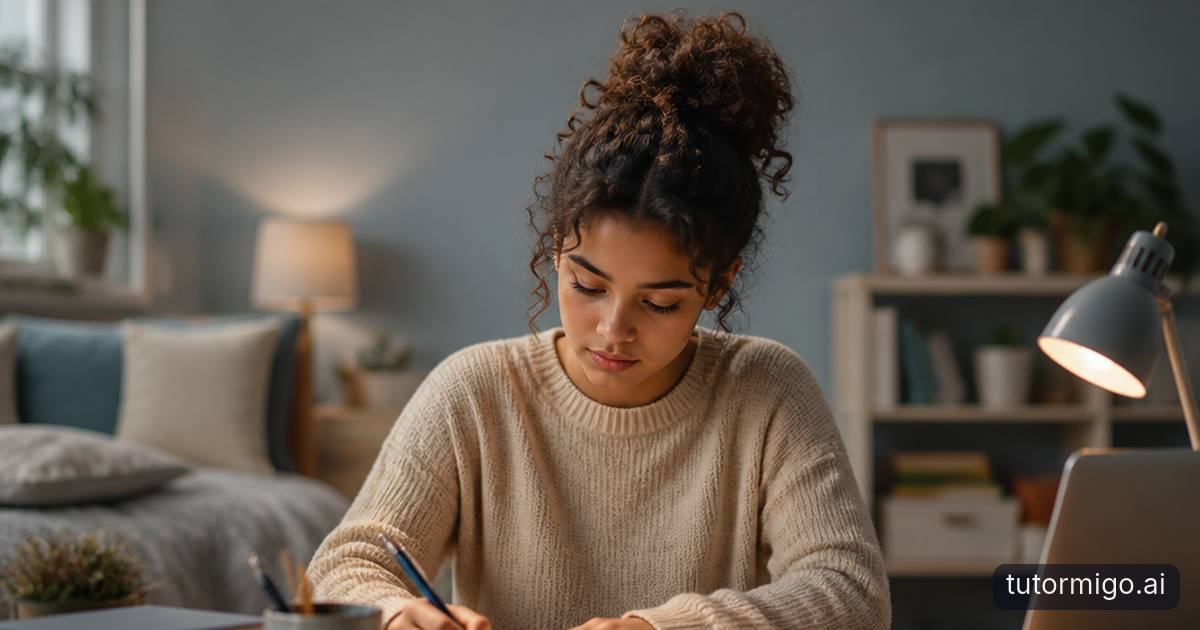 A student follows an organized exam study routine while a parent and teacher provide supportive oversight.