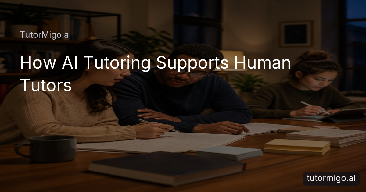 A human tutor and learner review study notes together while the learner practices independently nearby.