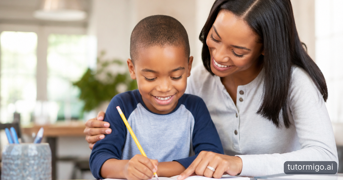 A parent and child compare illustrated subject cards beside an exercise book at a sunlit kitchen table.