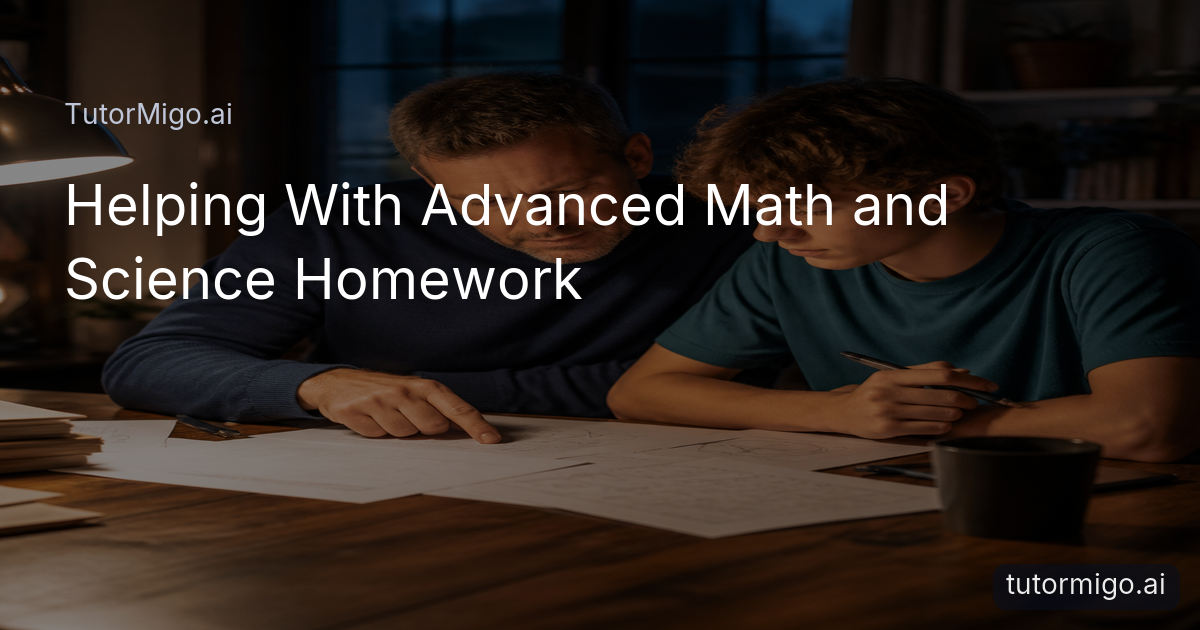 A parent and teenager work together on advanced math and science homework at a warmly lit table.
