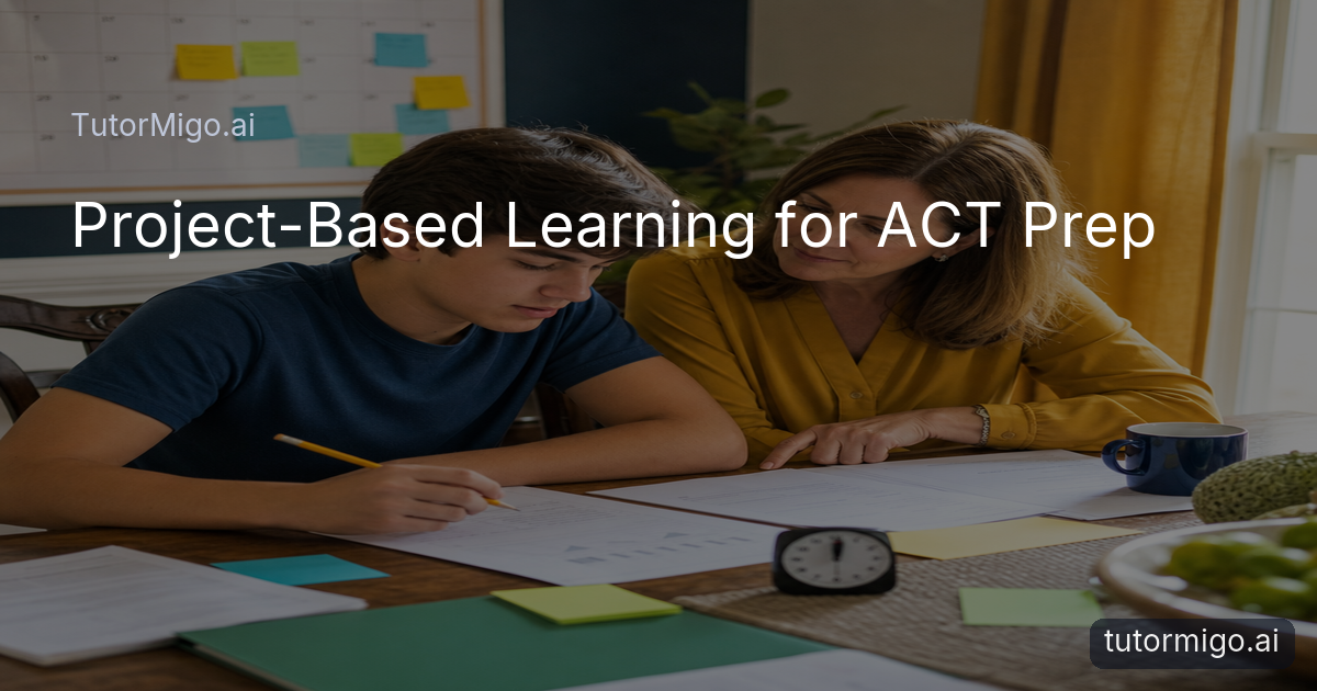 A high-school student and parent plan an ACT preparation project with practice materials, a calendar, and a timer at a bright table.