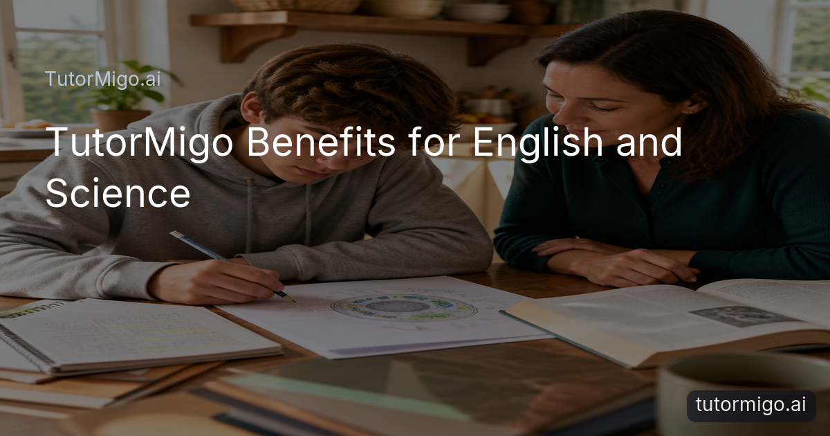 A student studies English and Science with notes, diagrams, and guidance from an adult mentor at a bright table.