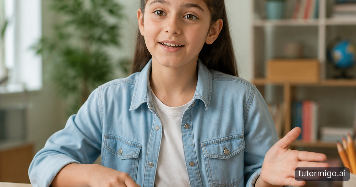 A parent listens while a child explains schoolwork beside an open textbook at a kitchen table.