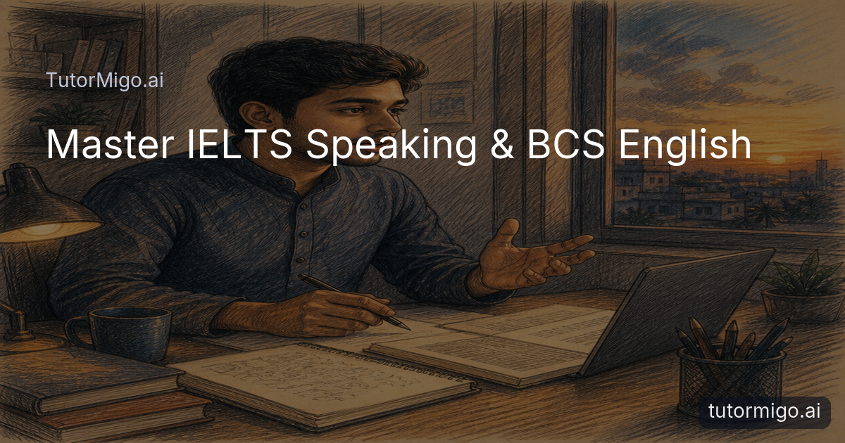 A Bangladeshi learner practices English speaking and writing at a desk in warm evening light.