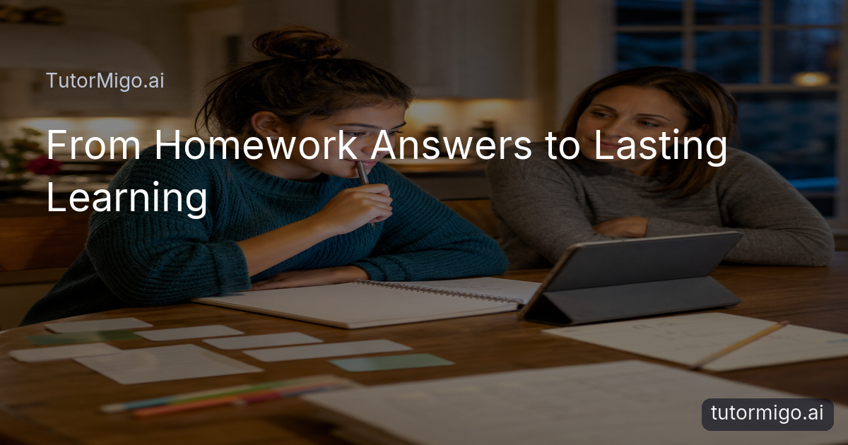 A student works through homework with an AI tutoring workspace while a parent observes nearby at a kitchen table.