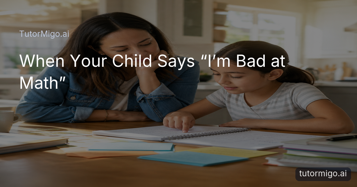 A parent listens supportively while a child reviews math work and study cards at a kitchen table.