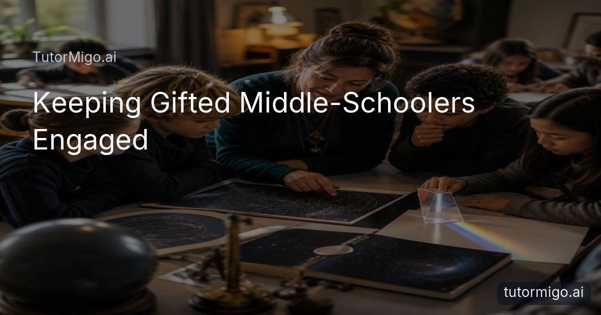 A teacher supports gifted middle-school students exploring astronomy and science in a structured classroom setting.