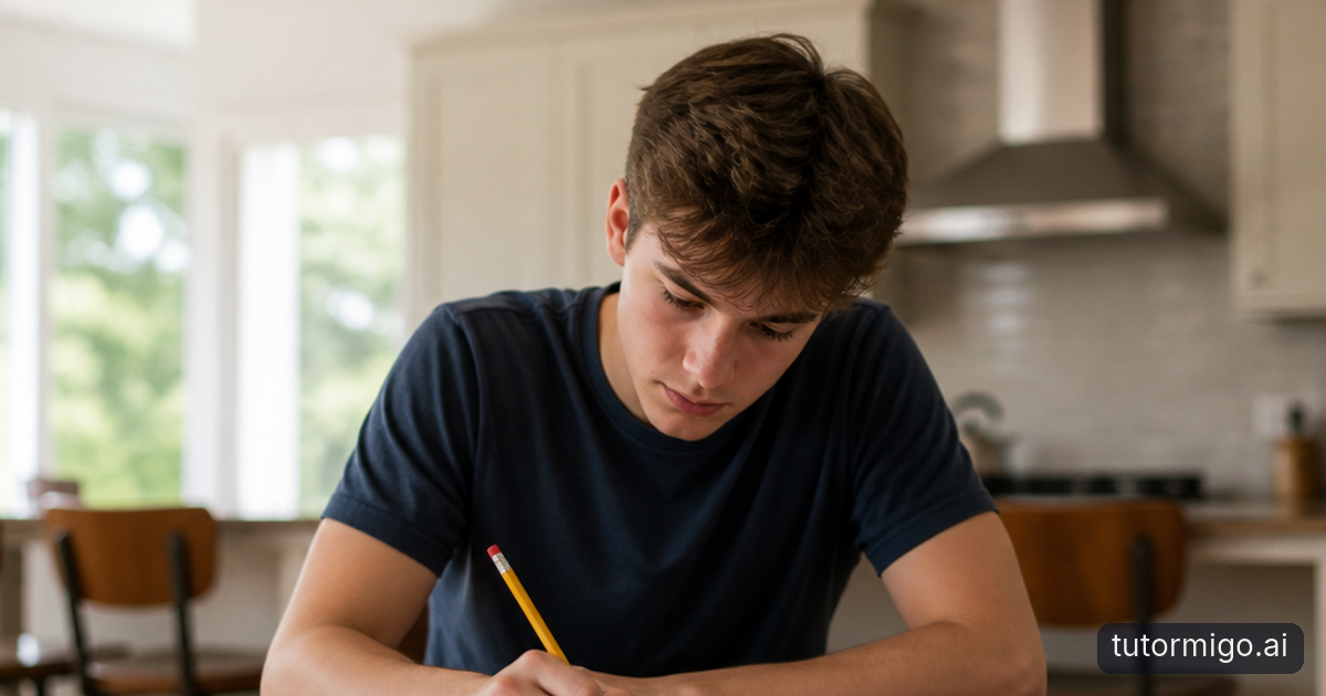 A parent listens beside a teenager working through an ACT practice problem at a kitchen table with a timer and tablet nearby.