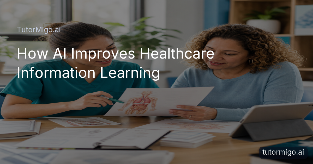 A nursing student and adult learner study healthcare information together using notes, flashcards, and a tablet-based tutoring session.