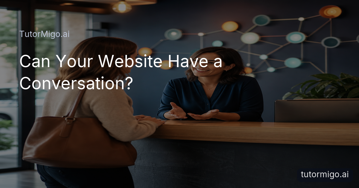 A business owner speaks with a visitor at a reception desk in an illustration about conversational websites.