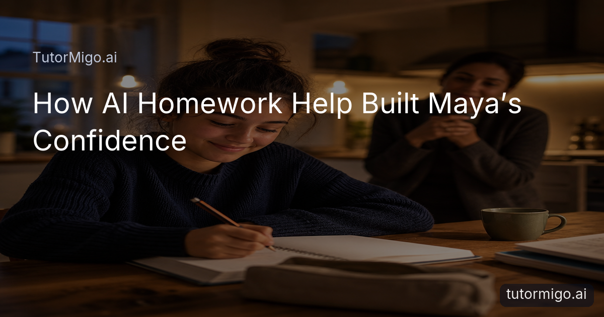 A relaxed teenage student works through homework at a warmly lit kitchen table while a parent sits nearby.