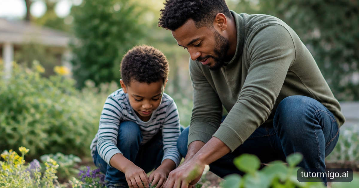 A parent and child crouch beside a garden path to watch ants moving around a fallen leaf.