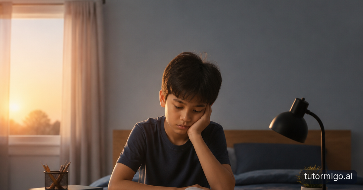 A sleeping student rests beside a notebook as soft visual pathways represent memory consolidation during different sleep stages.