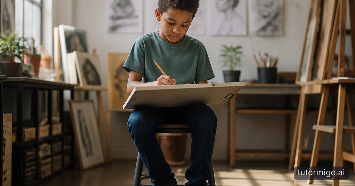A parent listens as their child explains a homework diagram at a warmly lit kitchen table.