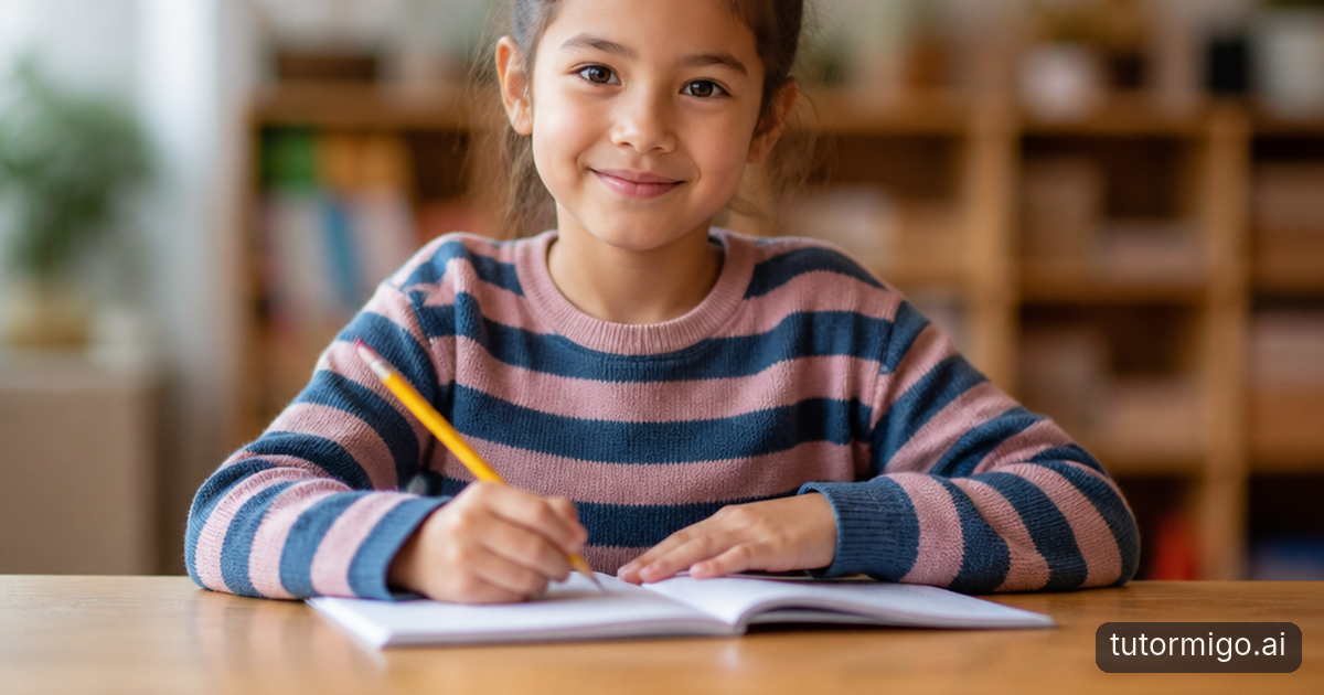 A parent supports a child at a kitchen table as the child begins an organized study activity.