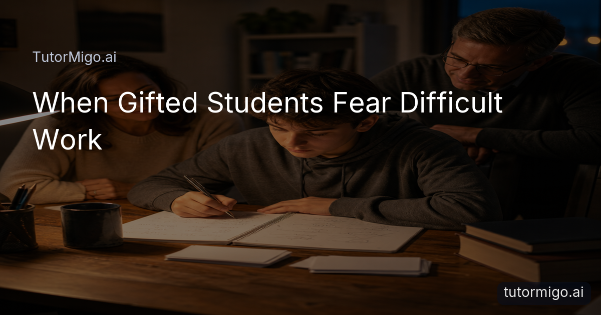 A gifted student practices a difficult problem while a parent and teacher provide calm, supportive encouragement nearby.