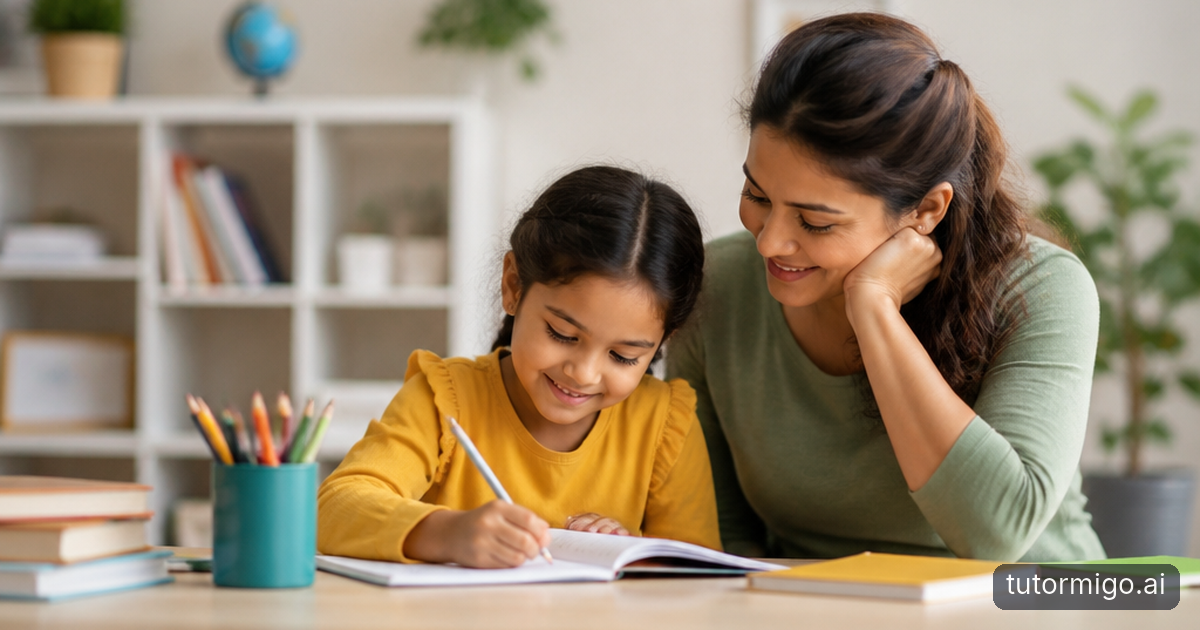 A child and parent practise math together using blank flashcards, fraction circles and counting tiles at a kitchen table.