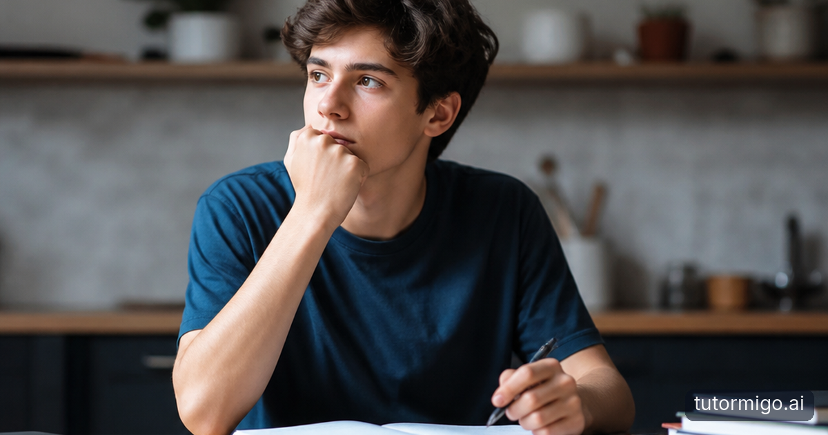 A high-school student compares practice solutions at a kitchen table while an adult listens beside a timer and study materials.