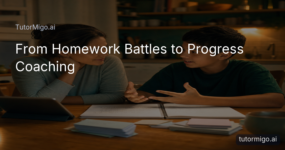 A parent listens supportively as a student explains completed homework at a warmly lit kitchen table.
