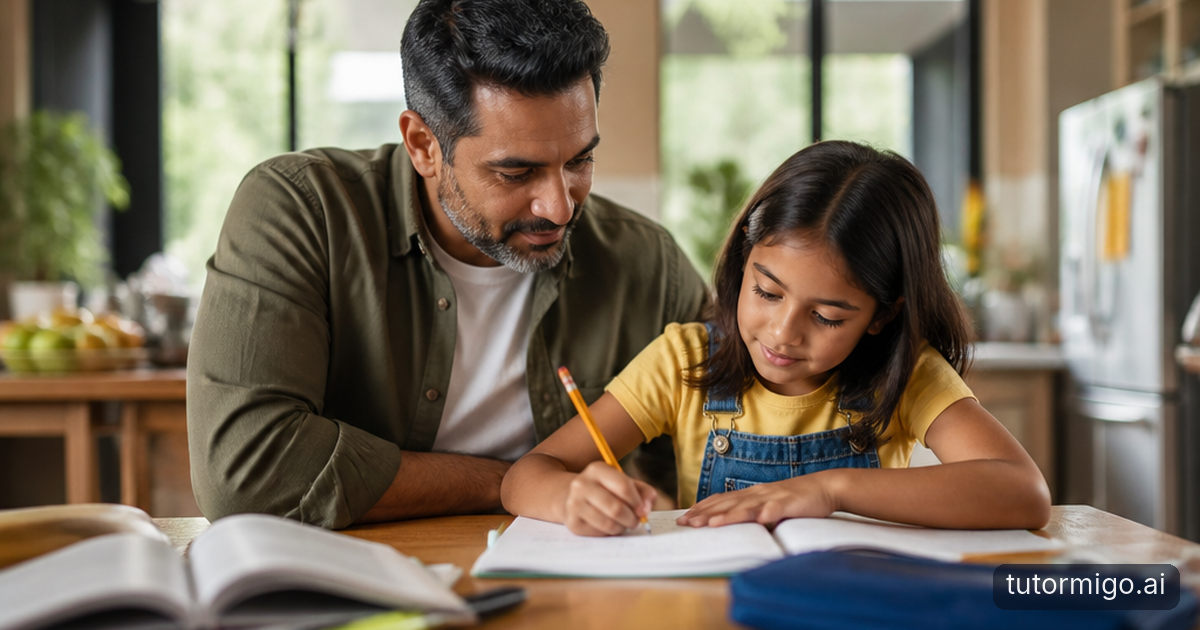 A parent and child calmly prepare a backpack, clothes, and morning checklist in a bright family kitchen.