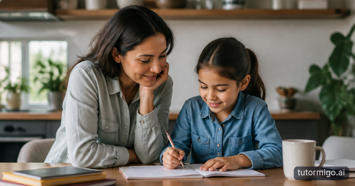 A parent listens as their child explains notebook work during a relaxed study check-in at the kitchen table.