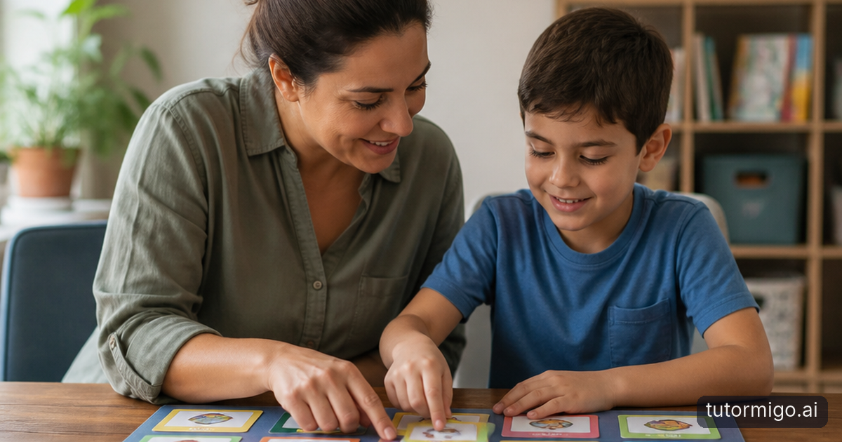 A parent and child collaboratively arranging a weekly study plan at a kitchen table.