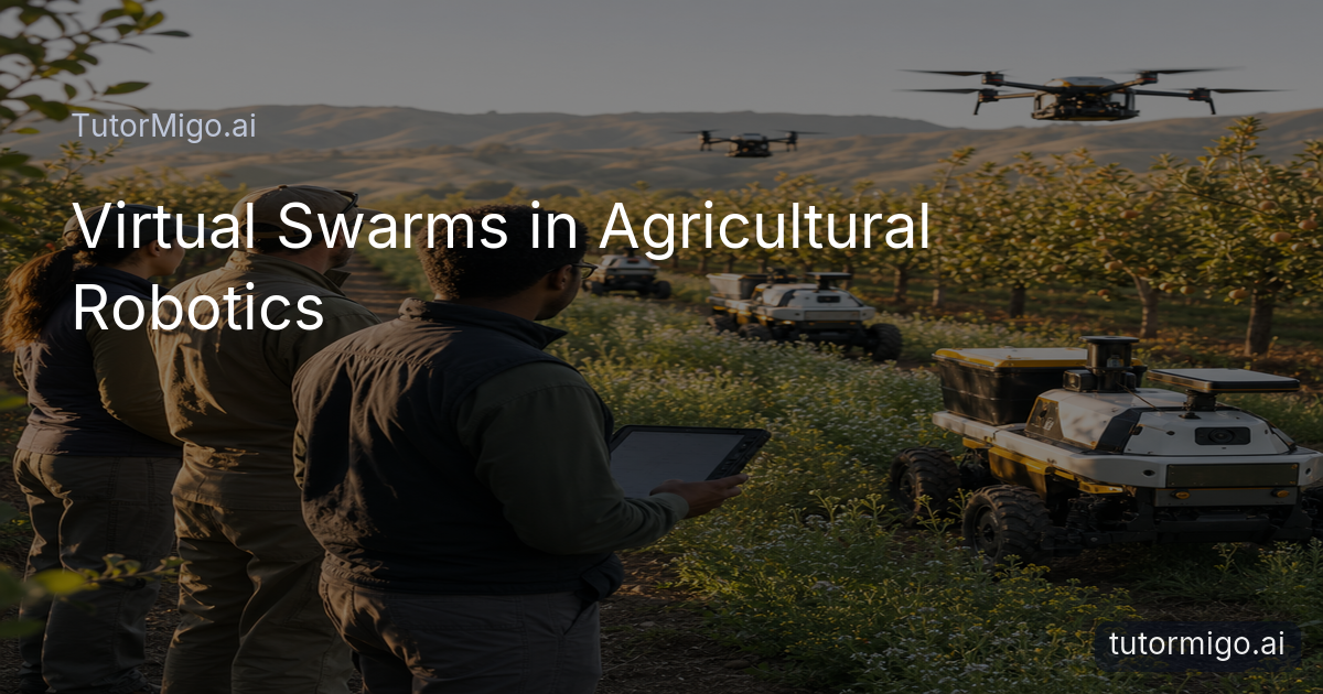 Robotics engineers observe autonomous ground robots and aerial drones coordinating among rows of orchard trees.