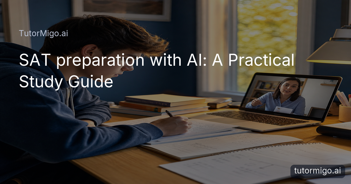 A high-school student uses an AI tutor while preparing for the SAT with math and reading notes nearby.