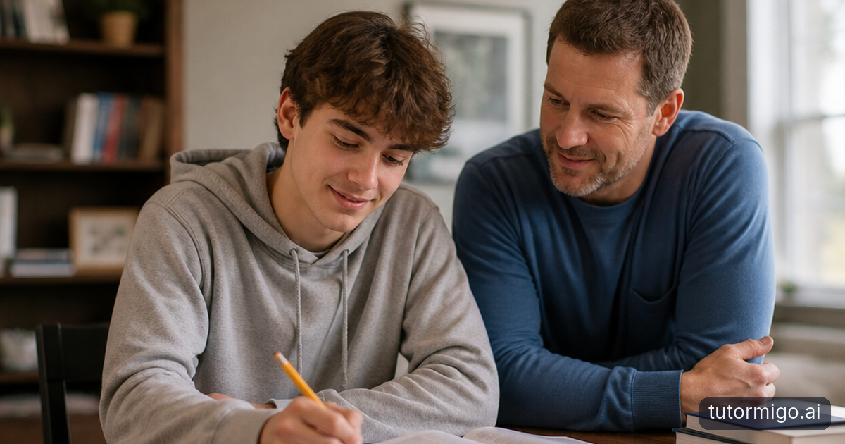 A parent listens while a high-school student works through an ACT practice question at a kitchen table.
