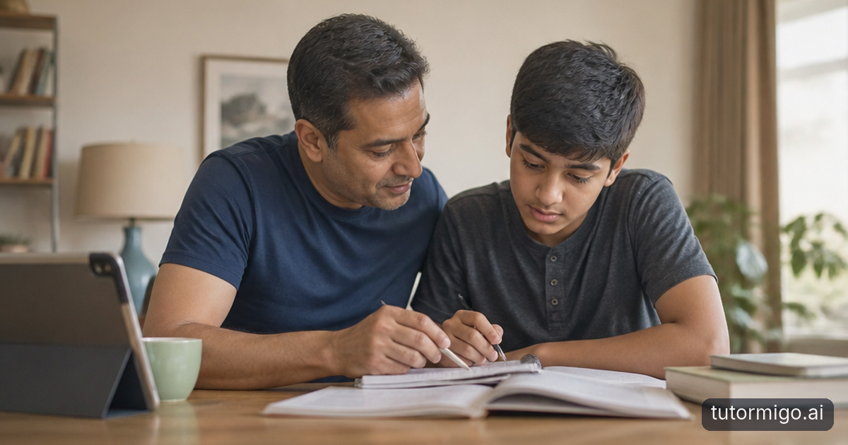 A parent and teenager plan a small revision task together at a kitchen table with books, practice sheets and a snack.