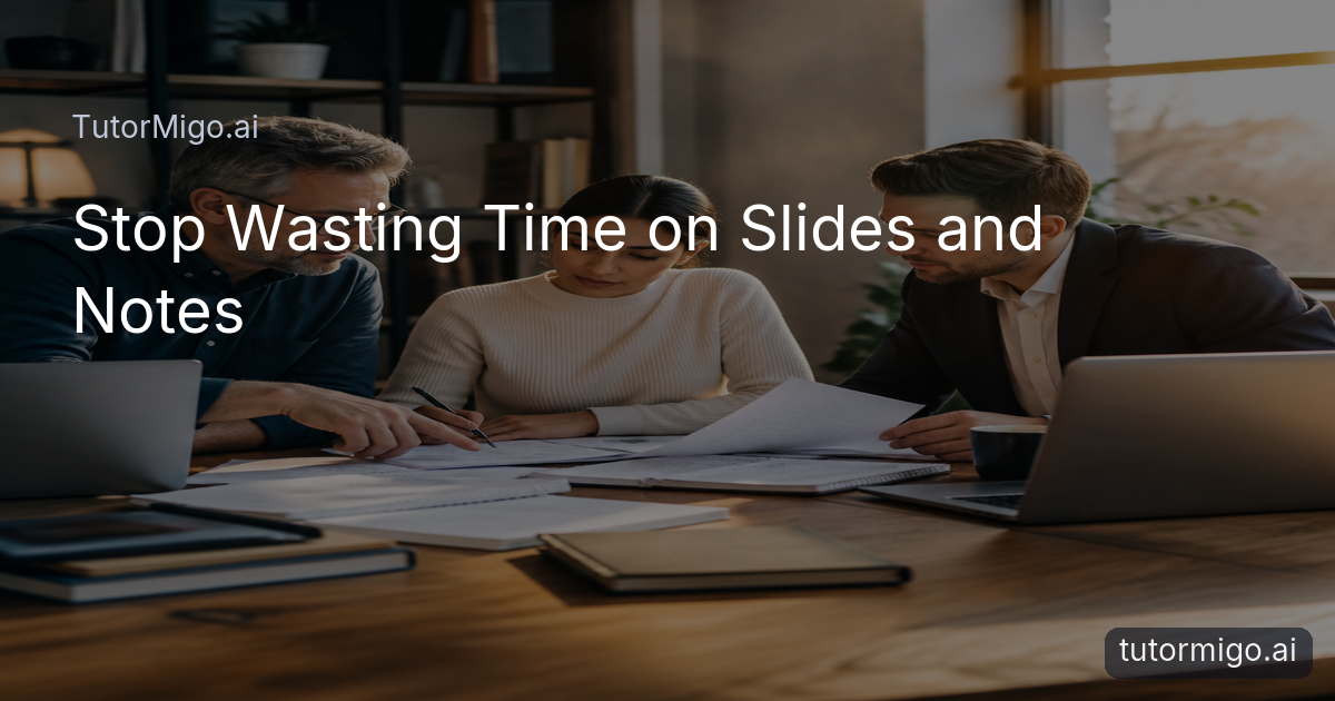 A teacher, student, and office professional organize notes and presentation materials around a shared table.