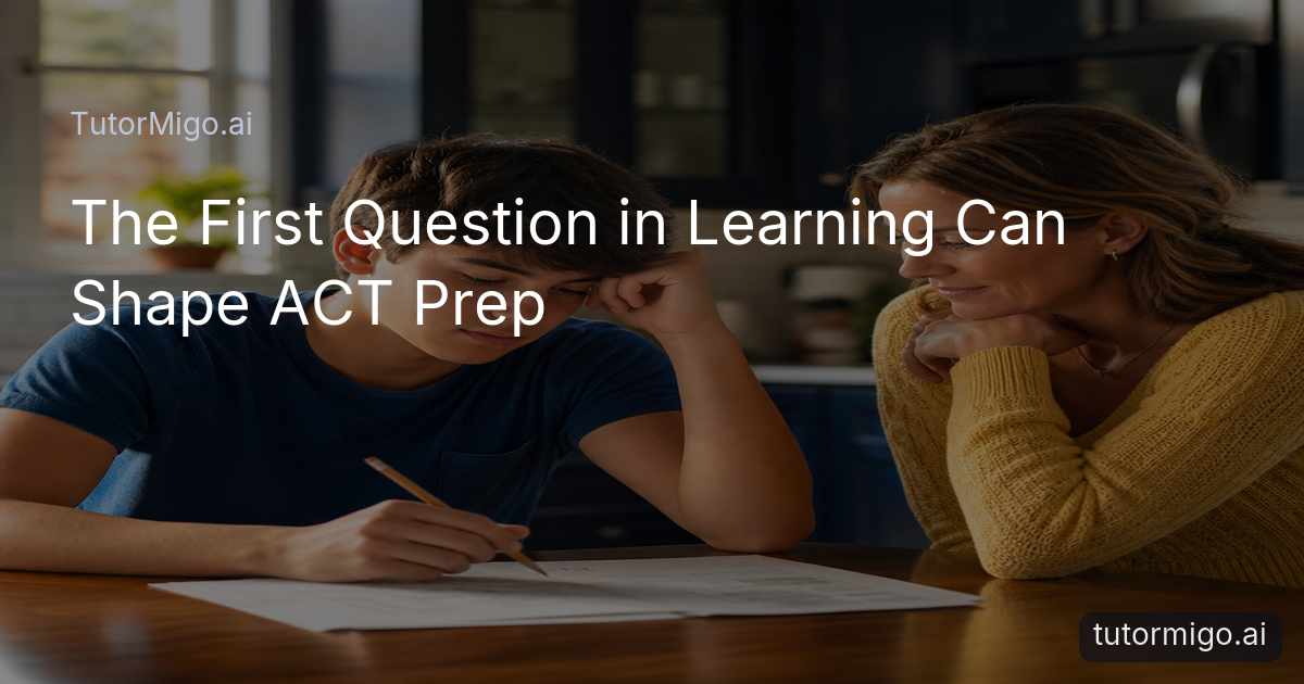 A high-school student pauses thoughtfully while working through an ACT practice problem at a kitchen table.