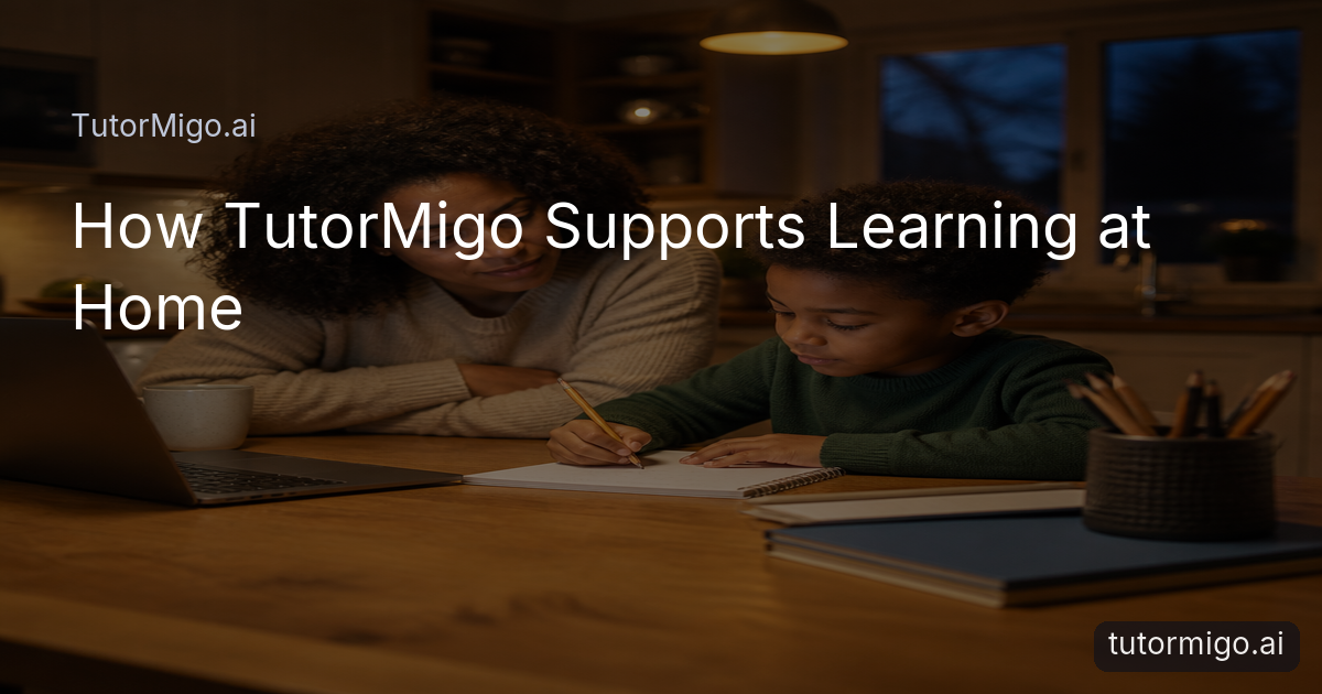 A parent and child share a calm evening homework session at a kitchen table with digital study support nearby.