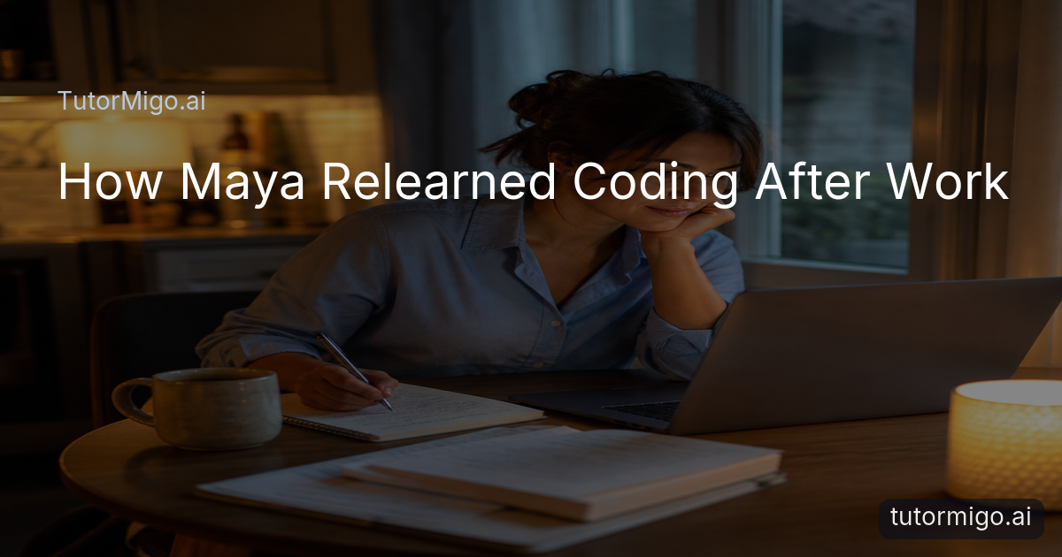 A working adult studies coding at her kitchen table during a quiet evening session.