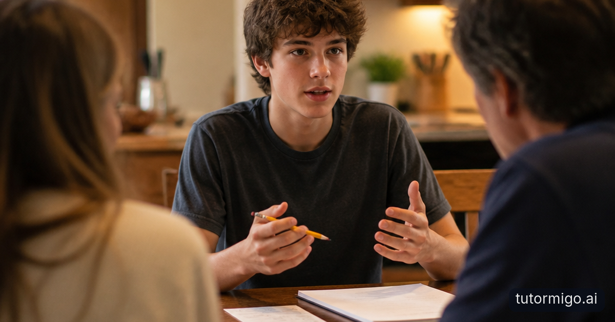A high-school student explains a physics force problem with a toy ramp while a parent listens at a kitchen table.