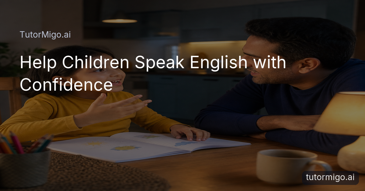 A child practices speaking English with a parent at a warmly lit kitchen table using picture prompts.