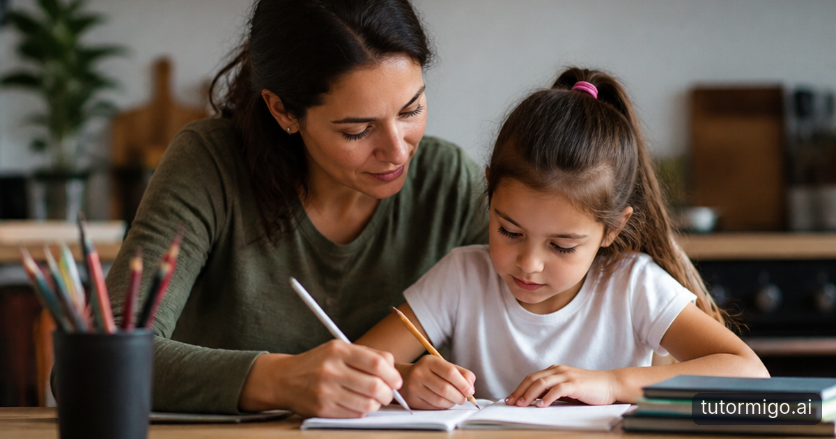 A parent listens as their child explains an answer while reviewing flashcards at a kitchen table.