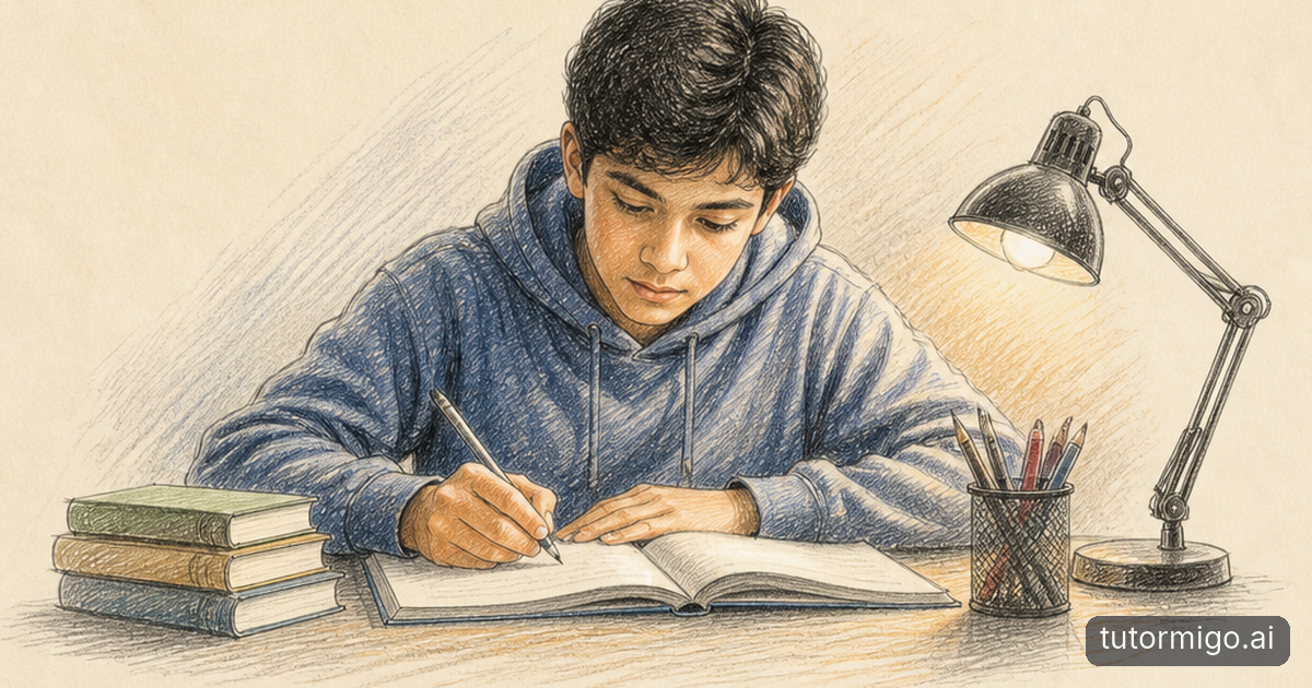 A student uses a science textbook, covered diagram, and handwritten question cards for active study at a desk.