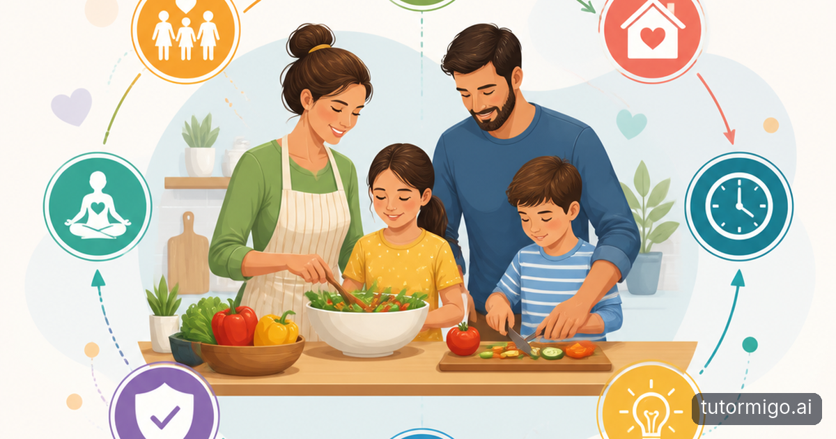 A parent and child calmly organize homework at a kitchen table while another family member reads nearby.