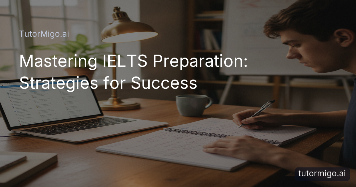 An focused IELTS candidate taking notes at a wooden desk with a laptop and organized study guides in a bright, modern room.