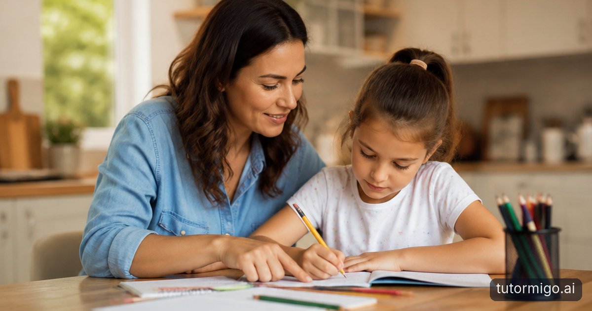 A parent listens as a child practises recalling a lesson using flashcards and a hand-drawn diagram at a kitchen table.