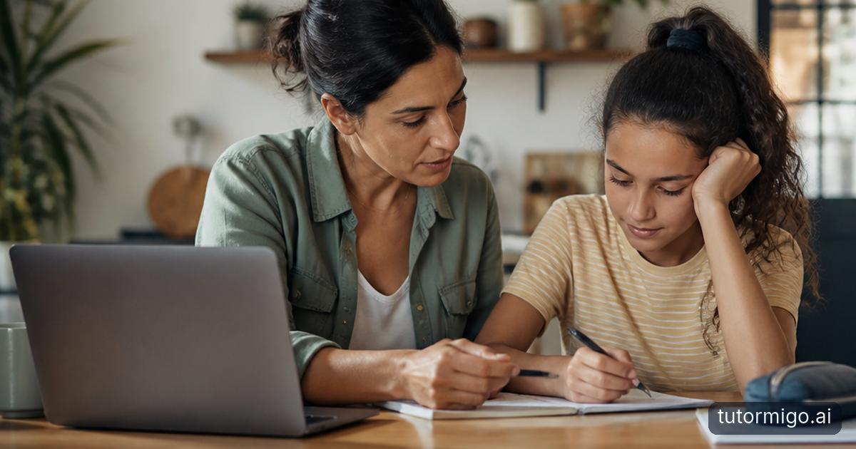 A parent and child calmly work through a math assignment together at a warmly lit kitchen table.