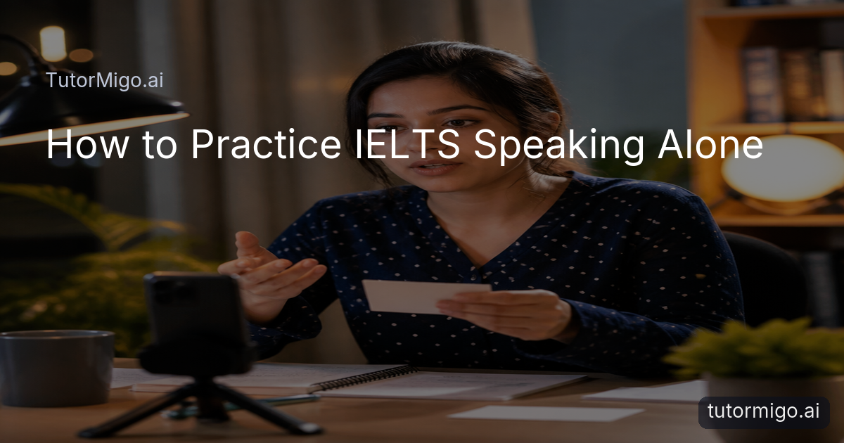 An IELTS candidate practices a spoken response alone in a warmly lit study space while recording their voice.